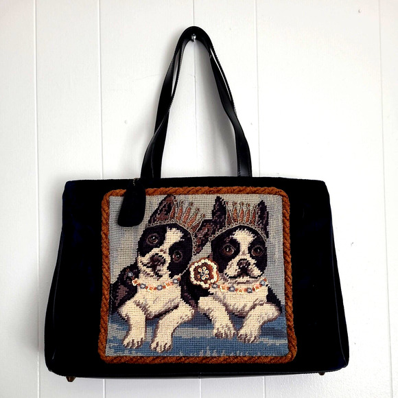 Rare CYNTHIA HART LOS ANGELES Cross Stitched French Bulldogs Tote Bag Purce - Picture 1 of 8